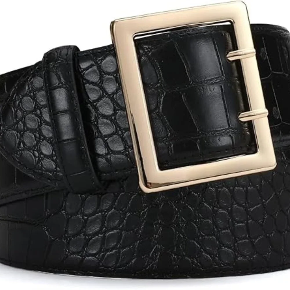 Risantry Wide Black Belt with Crocodile-Embossed Texture